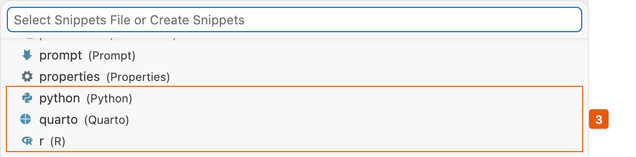 Menu with options for creating a new snippet file for Python, Quarto, or R