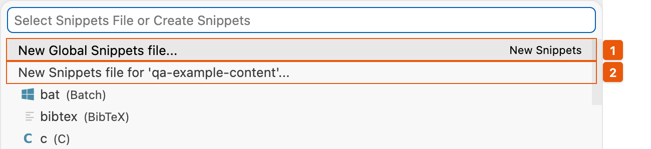Menu with options for “New Global Snippets file” and “New Snippets file for ‘MyProject’”