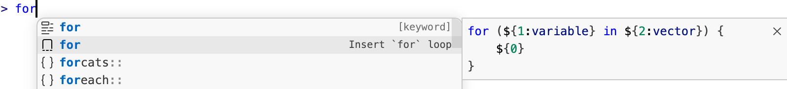 Completion list after typing “for”, showing the snippet that can be inserted